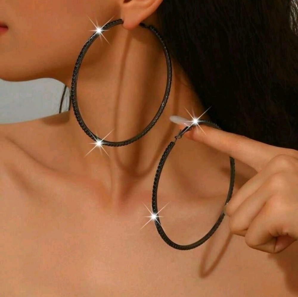 Large Black Rhinestone Hoop Earrings - Picture 2 of 6